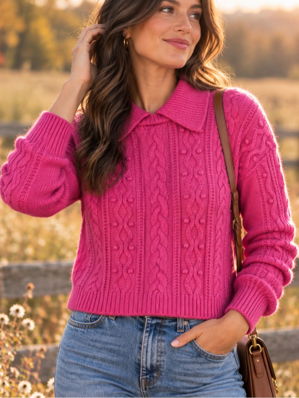 FREE PEOPLE Sz S Every Cloud Sweater Pink Cable Collared Cotton Blend Fall Cozy